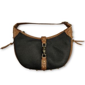ERIC JAVITS Hobo Bag Purse Black Woven Straw Studded Brown Croc Style Leather